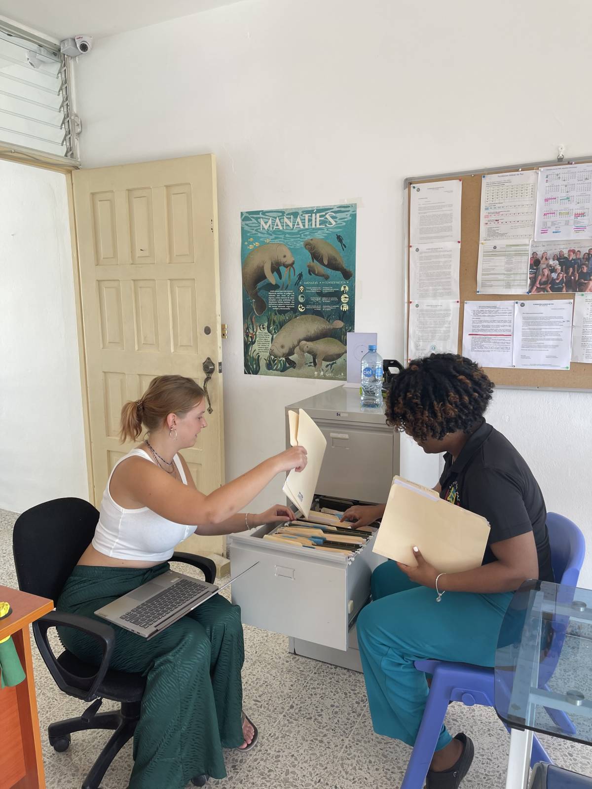 two volunteers organizing files in a file cabinet