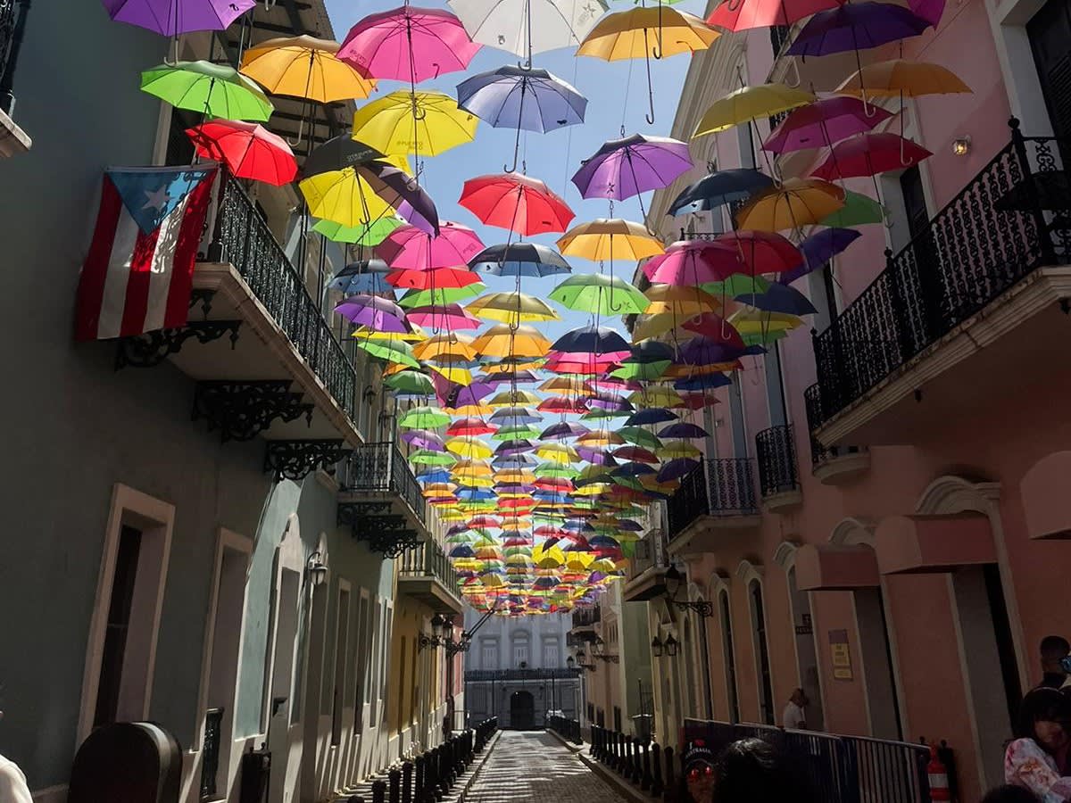 Umbrellas over a city street