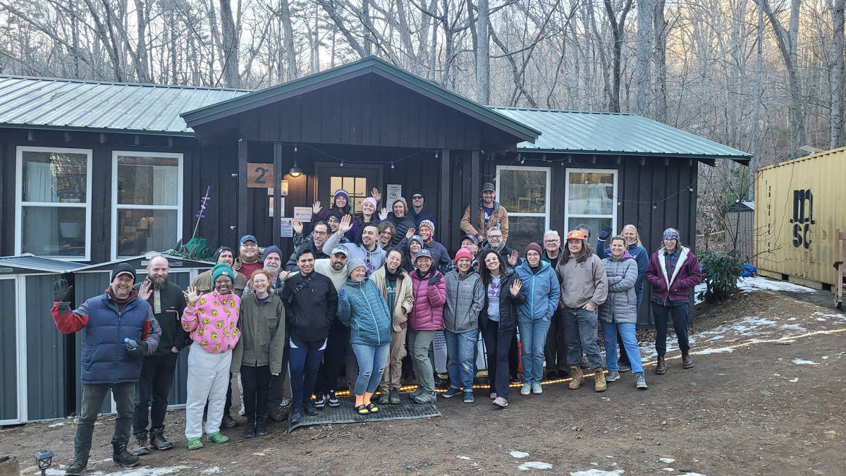 Volunteers outside the loding