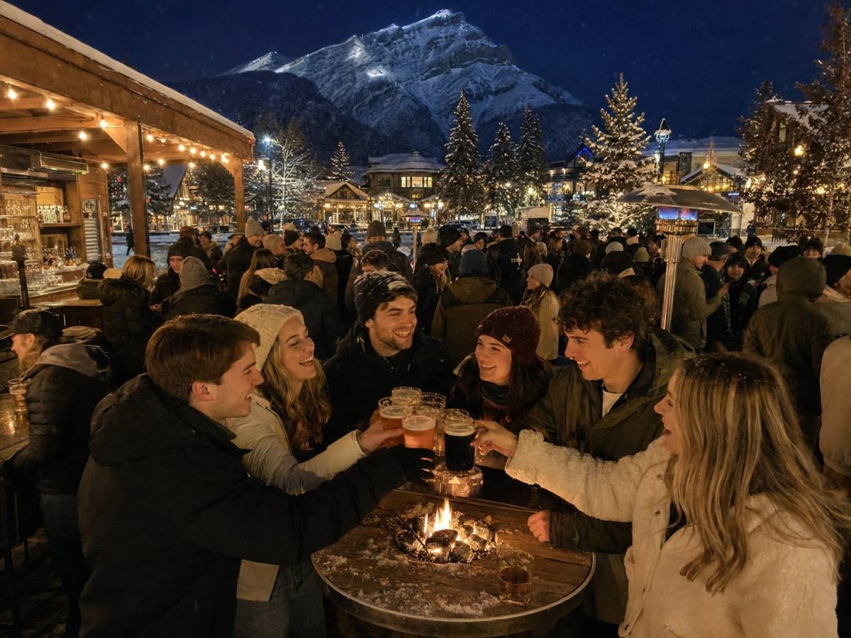 Young travellers socialising at an outdoor winter bar in Banff