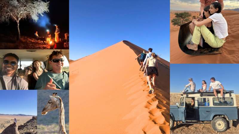 A collage of LBS interns travelling around Namibia - dunes, camping