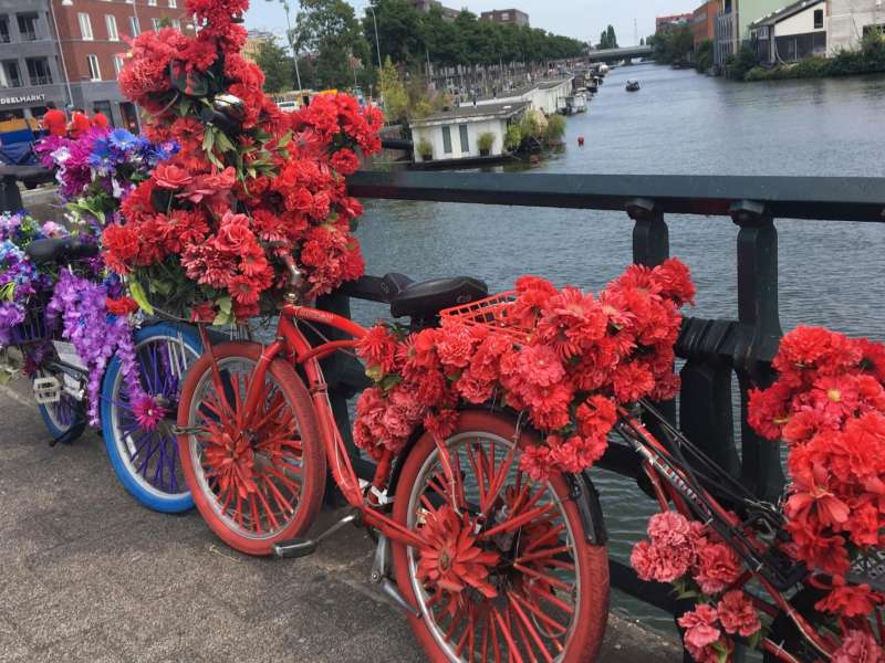 A colorful bike covered with flowers against a bridge in Amsterdam.