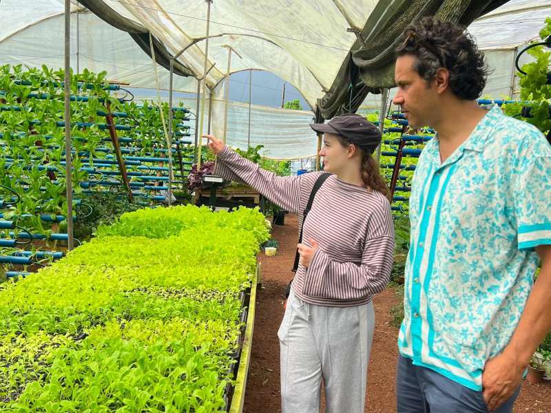 A girl points across the farm, indicating to a man.