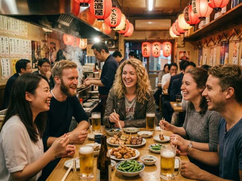 A group of five friends laughs and chats over a meal of skewers and beer in a cozy Japanese bar.