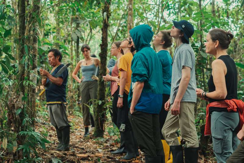 A group of young people look towards a man with a machete, all facing the trees.