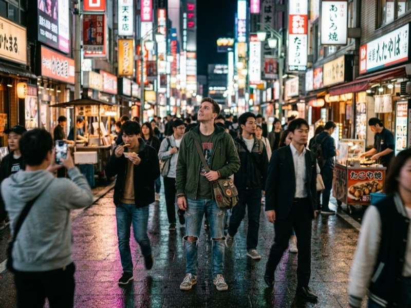 A man in a green jacket stands looking up on a neon-lit Osaka street at night.