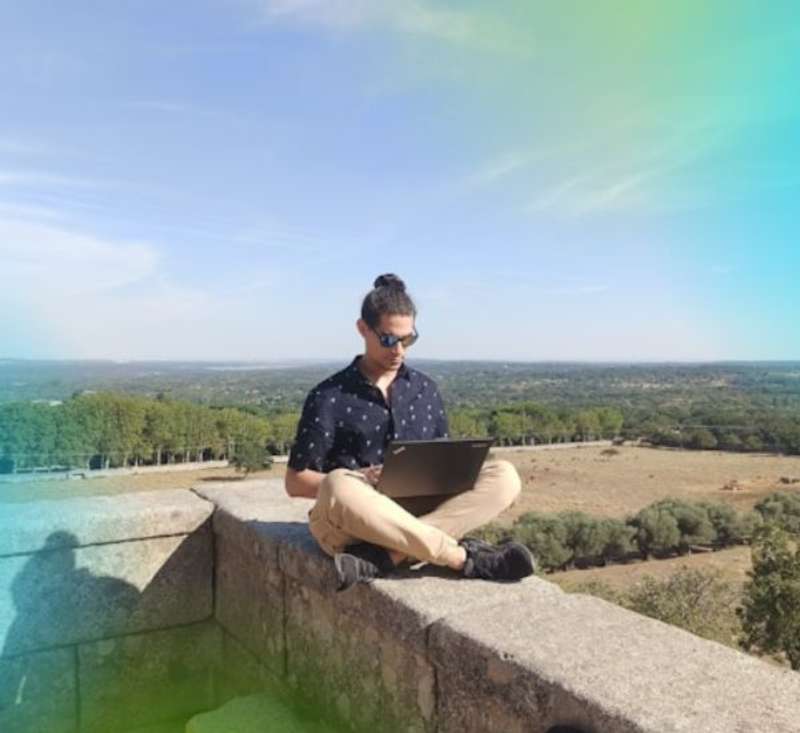 A remote intern working outside