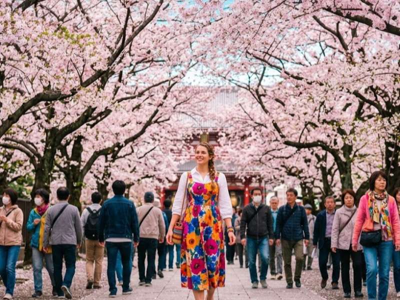 A smiling woman in a floral dress walks on a path under a canopy of pink cherry blossom trees.