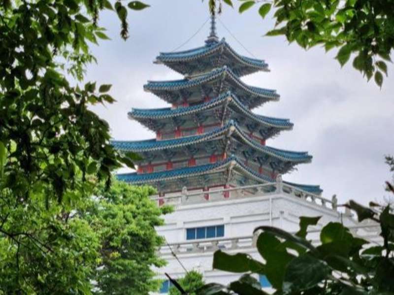 A view of a Korean pagoda temple through tree.