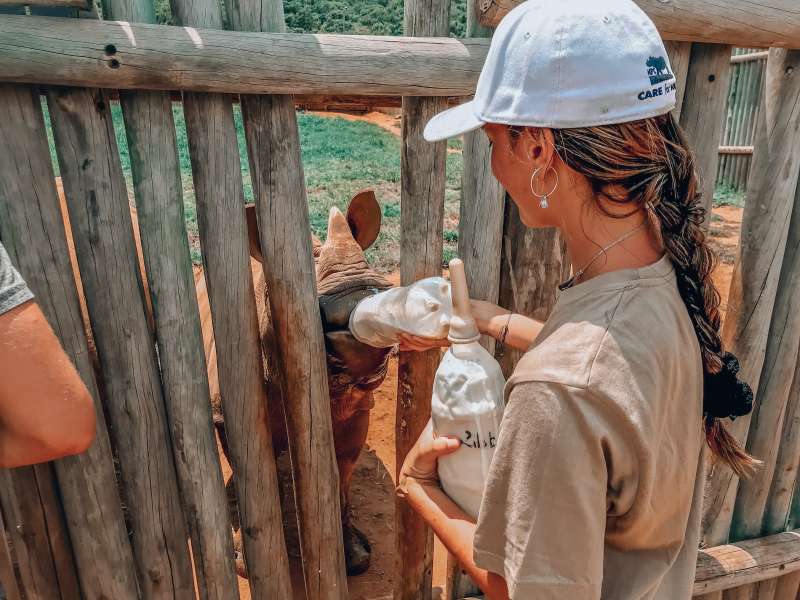 ACE volunteer bottle feeding a baby rhino