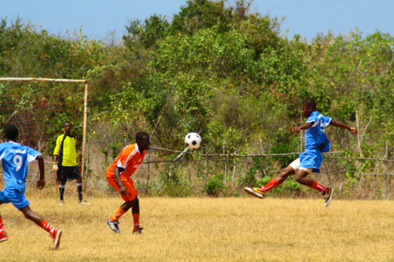 Playing soccer