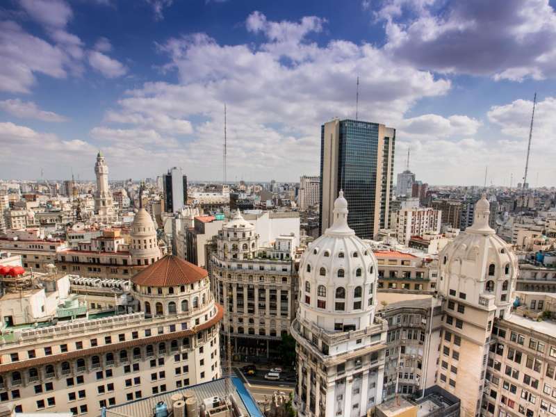 aerial view of buildings with many architecture types downtown