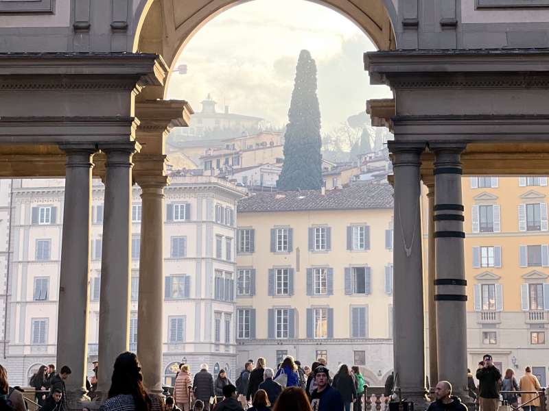 An archway over a plaza with a cypress tree in the back