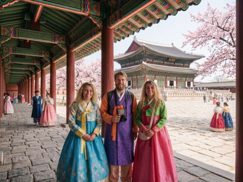 Backpackers in traditional Hanbok at Gyeongbokgung Palace Seoul