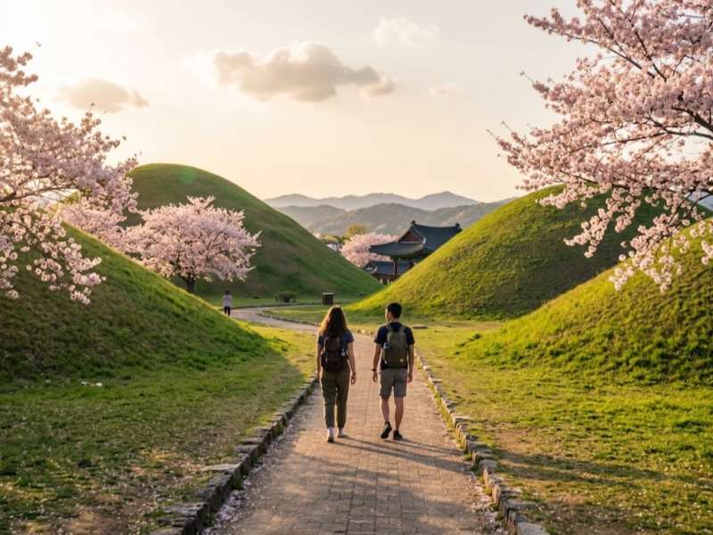 Backpackers walking through green tomb mounds in Gyeongju Korea