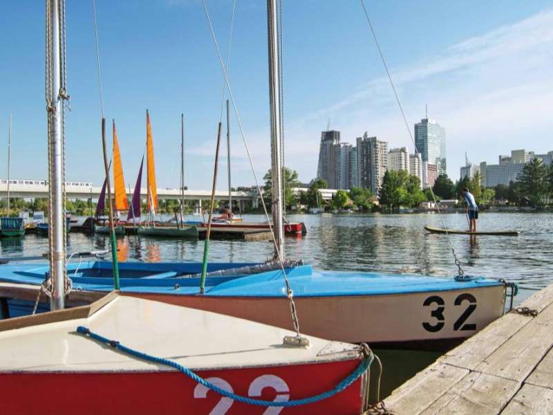 Boats along the Danube River in Vienna, Austria.