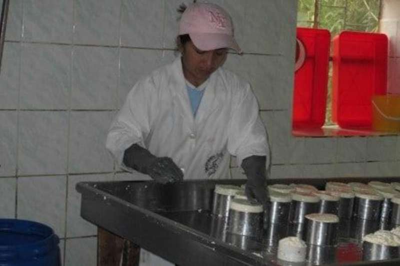 Woman moulding the cheese.