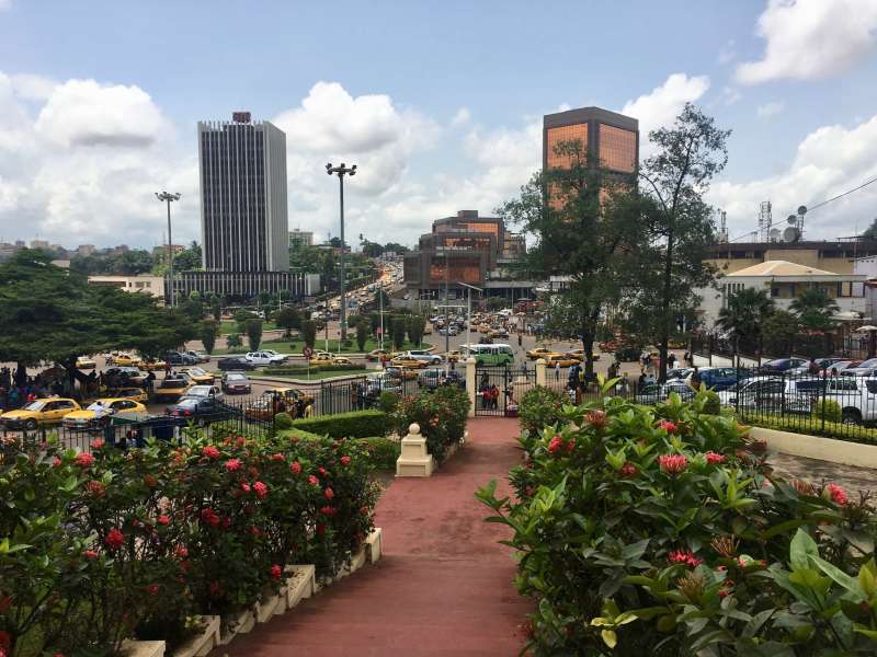 City center with taxis and tall buildings