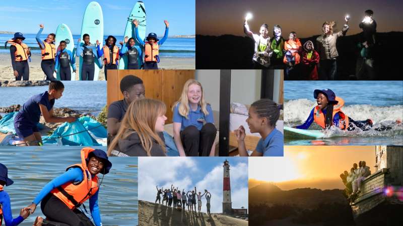 Collage of boarding life at LBS including surfing, camping & laughing