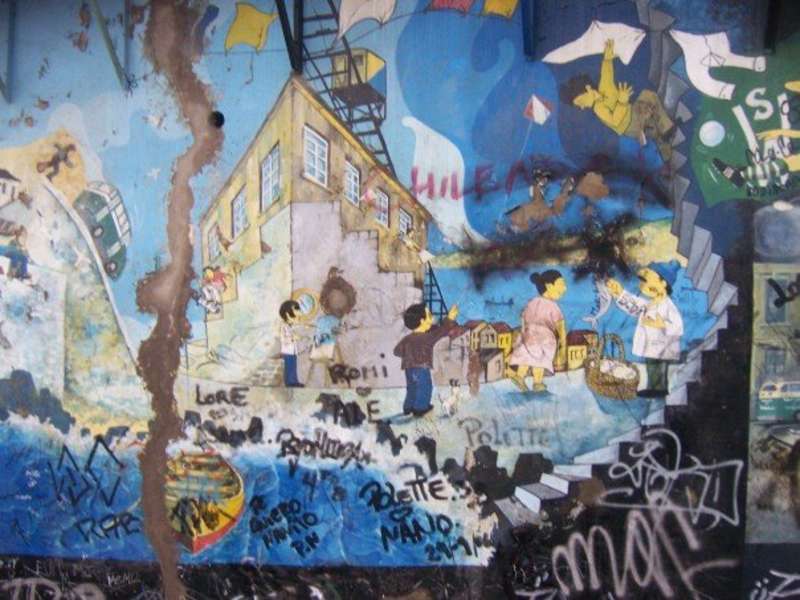 Colorful graffiti art on a wall in Chile, reflecting vibrant local culture near an English teaching classroom.