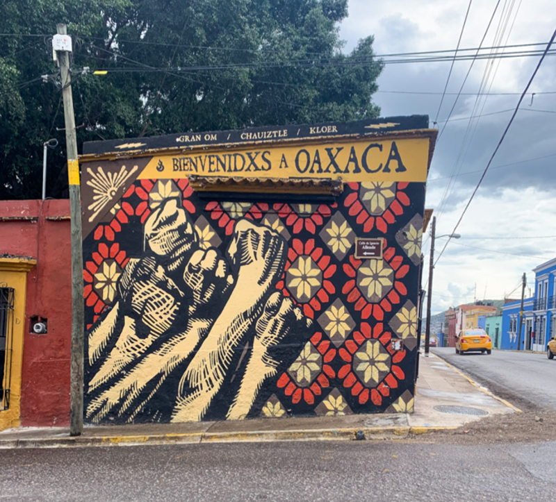Colorful street art and murals on a wall in Mexico, showcasing vibrant local creativity and culture.