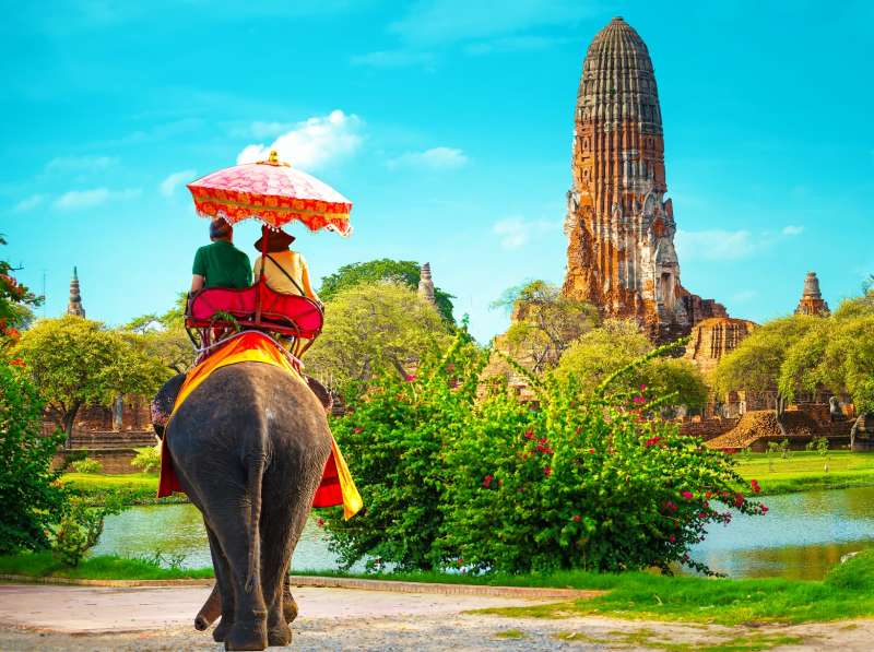 Couple riding an elephant through gardens