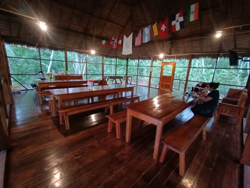 Dining area at Finca Las Piedras field station where volunteers and researchers share daily meals.