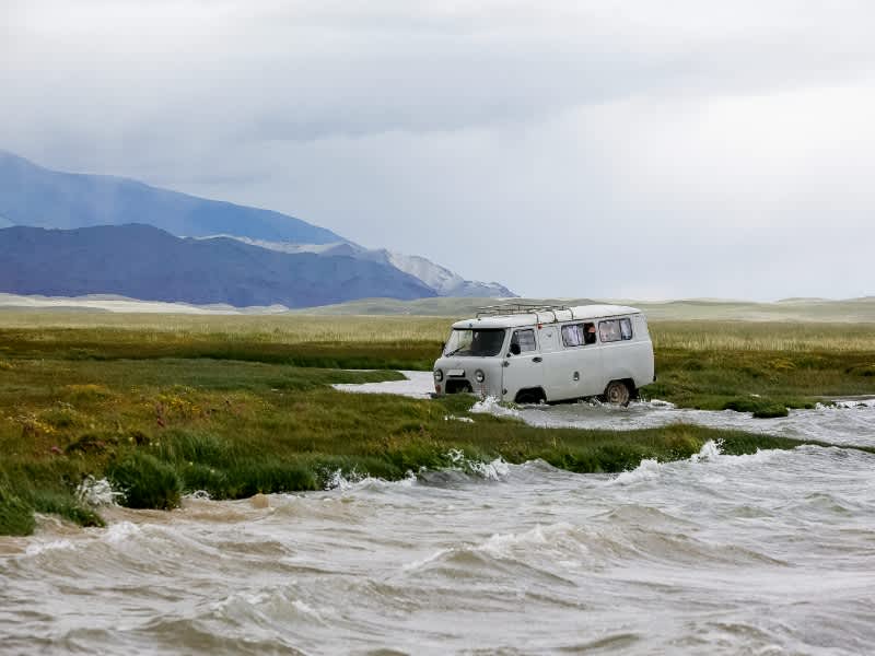 Driving through a river