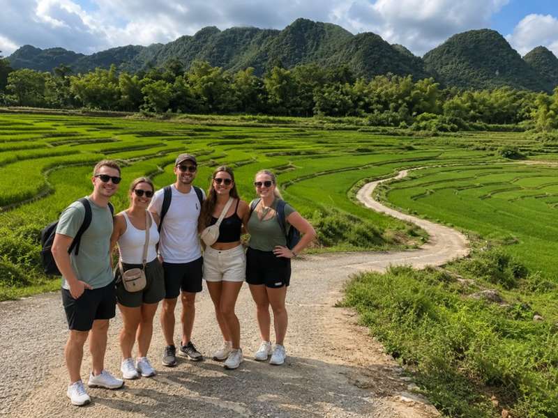 Five travellers standing beside green rice terraces in Vietnam