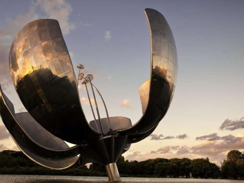 Floralis Generica sculpture at sunset in Buenos Aires, Argentina.