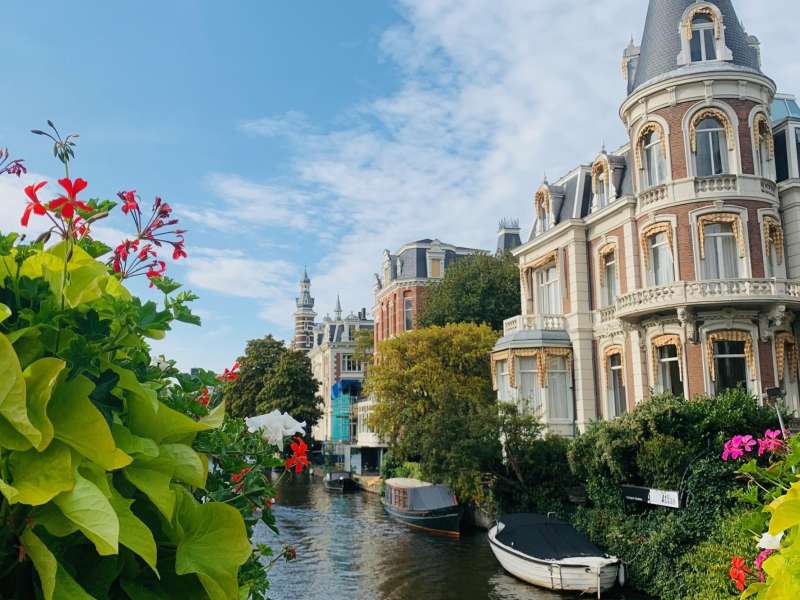 Flowers and a canal in Amsterdam.