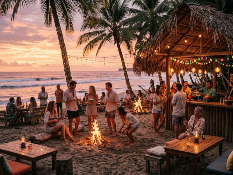 Friends gathering around beach bonfire by tropical bar at sunset