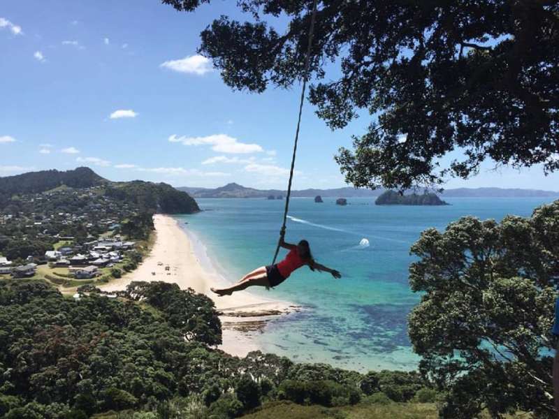 girl on a swing overlooking a beach