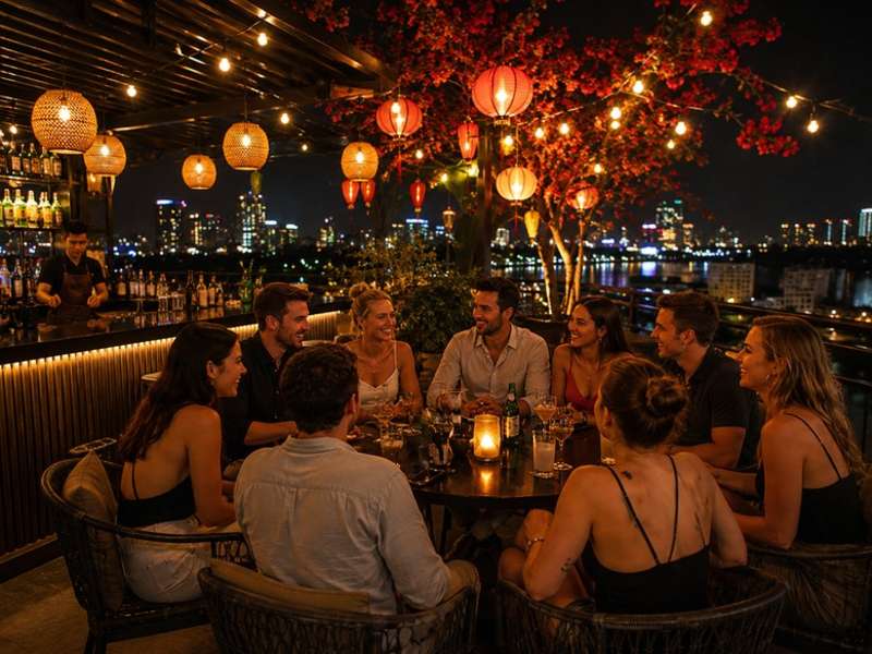 Group of travellers sharing drinks at a Hanoi rooftop bar