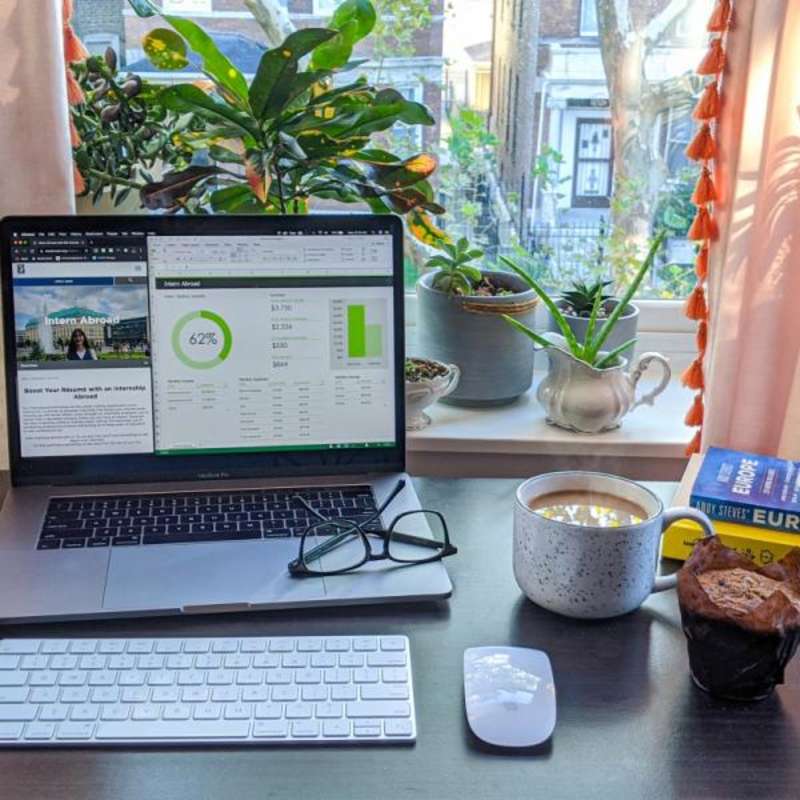 A desk with a laptop, plants, and coffee - ready for an internship.