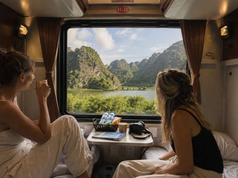 Inside a crowded sleeper train carriage in Vietnam