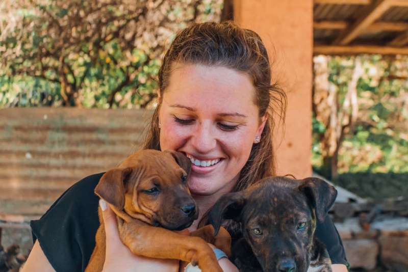 IVHQ Volunteer holding two young puppies 