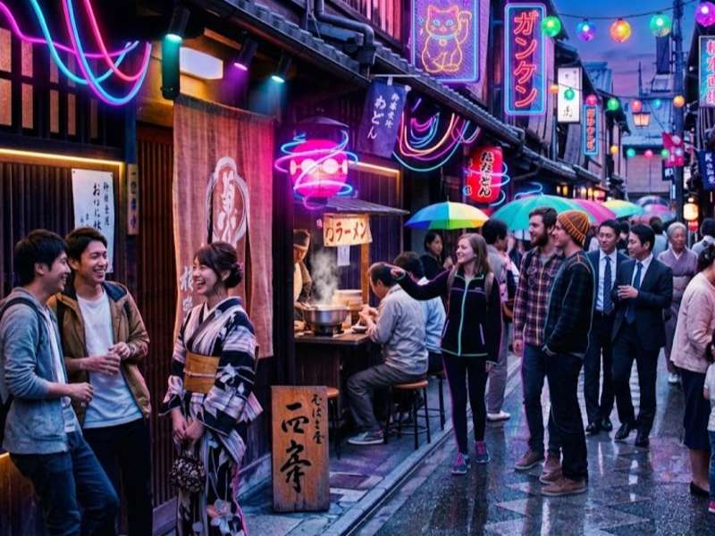 Kyoto alley with glowing neon signs and pedestrians at night.