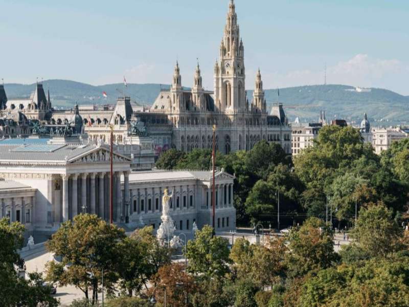 Looking at the Austrian Parliament building from above in Vienna.