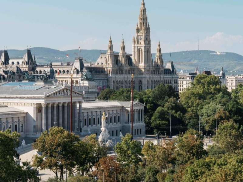 Looking out over the Austrian parliament building in Vienna, Austria.