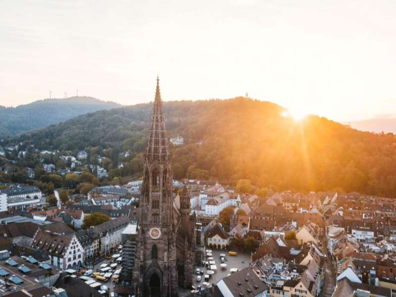 Looking out over the Freiburg Cathedral at dusk.