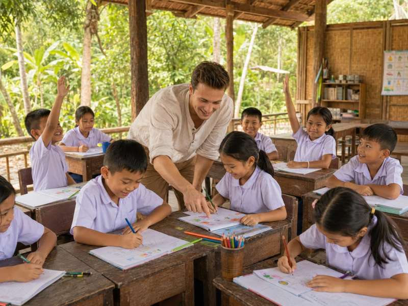 Male teacher helping children in an outdoor Thai classroom