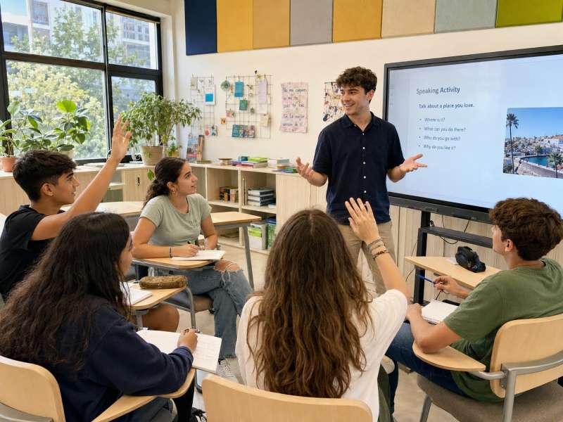 Male teacher leading a speaking activity with Spanish students