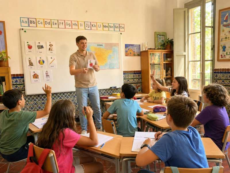 Male teacher leading an English lesson at a Spanish school