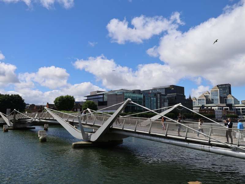 Modern Bridge over River Liffey in Dublin with pedestrians on it