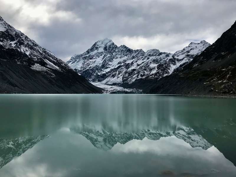Mountain reflection in glacial lake.
