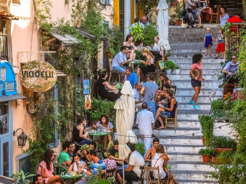 Outdoor dining on steps in Athens
