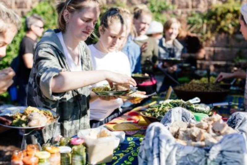 Volunteers eating plant based food