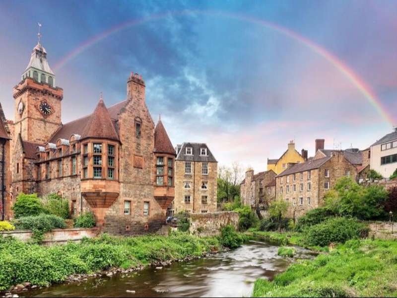 Rainbow over village in Edinburgh
