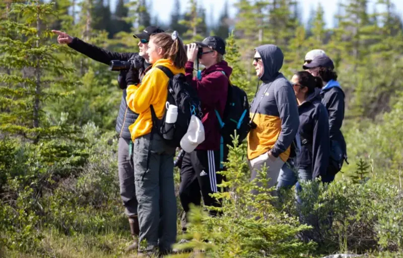 Student take photos in the woods